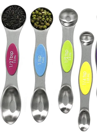 Multicolor Magnetic Measuring Spoons Set with Leveler - Stainless Steel, Stackable, Fits Spice Jars - For Baking Kitchen