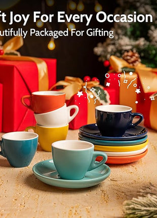Sweese 2 Ounce Espresso Cups with Saucers, Porcelain Espresso Cups Set of 6 - Hot Assorted Colors