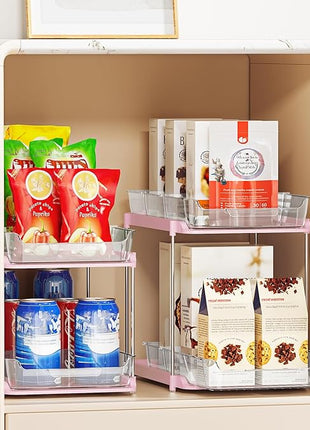 Delamu 2-Tier Multi-Purpose Bathroom Under Sink Organizers and Storage, Stackable Kitchen Pantry Organization, Pull Out Medicine Cabinet Organizer with Movable Dividers, Pink, 2 Pack