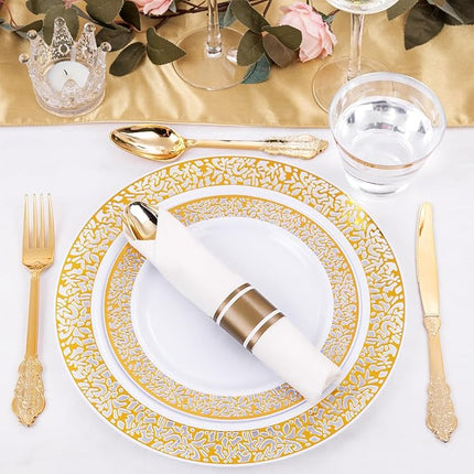 DaYammi 210 PCS Gold Plastic Plates, Gold Plastic Dinnerware Sets, Includes: 30 Dinner Plates, 30 Salad Plates, 30 Pre Rolled Napkins with Gold silverware,30 Cups 9 OZ, Perfect for Wedding and Party