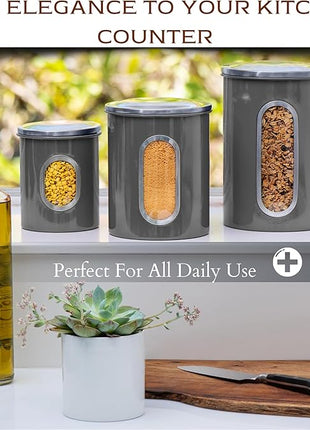 Moss & Stone 3-Piece Gray Canisters Sets For The Kitchen, Airtight Canister Set With See Through Window, Storage Jars for Coffee Container, Tea Organizer & Sugar Canister, Gray Kitchen Canisters