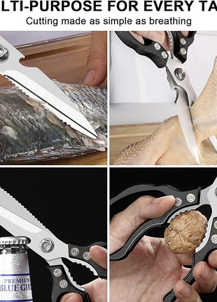 CGBE Kitchen Scissors All Purpose Heavy Duty, Ultra Sharp Stainless Steel Kitchen Shears Dishwasher Safe, Cooking Shears for Chicken, Poultry, Fish, Meat, Herbs & Grapes with Non-Slip Grips - Black