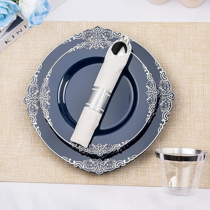 175PCS Navy Blue Plates for 25 Guests, Disposable Dinnerware Sets Include 50 Plastic Plates, 25 Silverwares, 25 Cups, and 25 Pre Rolled Napkins for Party, Wedding and Graduation