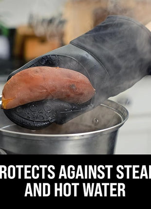 BPA-Free Silicone Oven Mitts Ultra Heat Resistant up to 500°F - Oven Mitts with Thick Cotton Liner - Long Slip Resistant Pot Holders, Flexible Oven Gloves - Black 13.7"