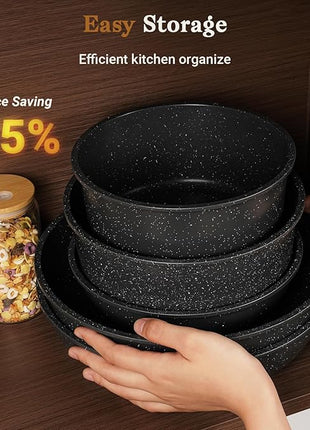 15Pcs Pots and Pans Set Non Stick, Cookware Sets with Detachable Handle, Nonstick RV Kitchen Cooking Tools Removable Handles, Oven Safe, Induction Fast, Stackable Induction Cookware,Black