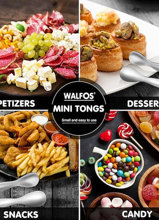 Walfos Mini Tongs for Serving Food, Small Stainless Steel Kitchen Tongs for Appetizers, Sugar, Desserts, Tea Party, Coffee Bar, Set of 12 (Silver)