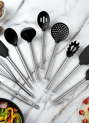 COOK WITH COLOR Silicone Cooking Utensils, Kitchen Utensil Set, Easy to Clean Silicone Kitchen Utensils, Cooking Utensils for Nonstick Cookware, Kitchen Gadgets Set, 10 Pieces, Black
