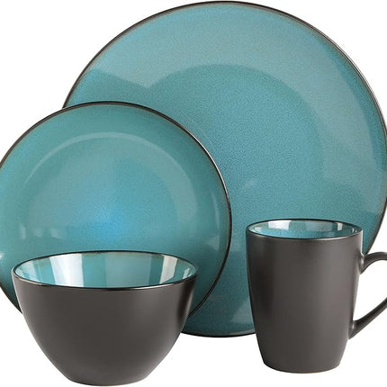 Gibson Elite Soho Lounge 16-Piece Round Reactive Glaze Stoneware Dinnerware Set, Service for 4 – Teal Plates and Bowls