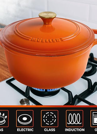 MUELLER HOME 6 Quart Enameled Cast Iron Dutch Oven for Bread Baking, Heavy-Duty Oven-Safe up to 500° F, & Across All Cooktops, House Warming Gifts New Home, Cast Iron Cookware, Gifts for Women, Orange