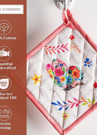 Maison d' Hermine Pot Holders Set 100% Cotton Heat Resistant Potholders 8" x 8" Hot Pads with Loop Cooking, Grilling, Kitchen, Handling Hot Pans Spring/Summer (Pack of 2, Happy Florals - High Summer)