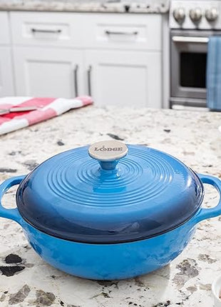 Lodge 3 Quart Enameled Cast Iron Dutch Oven with Lid – Dual Handles – Oven Safe up to 500° F or on Stovetop - Use to Marinate, Cook, Bake, Refrigerate and Serve – Caribbean Blue