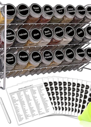 SWOMMOLY Spice Rack Organizer with 24 Empty Glass Spice Jars, 396 Spice Labels with Chalk Marker and Funnel Complete Set, for Countertop, Cabinet or Wall Mount, Silver