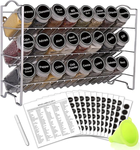 SWOMMOLY Spice Rack Organizer with 24 Empty Glass Spice Jars, 396 Spice Labels with Chalk Marker and Funnel Complete Set, for Countertop, Cabinet or Wall Mount, Silver