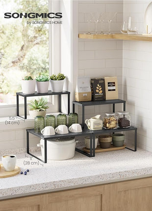 SONGMICS Spice Racks, Set of 2 Metal Cabinet Shelf Organizers, Countertop Organizers, Shelf Risers, Stackable, Expandable, Ink Black UKCS005B01