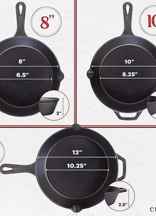 Cuisinel Cast Iron Skillets Set with Lids - 8"+10"+12"-inch Pre-Seasoned Covered Frying Pan Set + Silicone Handle and Lid Holders + Scraper/Cleaner - Use Cookware Indoor/Outdoor, Oven, Stovetop, Fire
