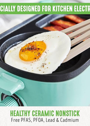 GreenLife 3-in-1 Breakfast Maker Station, Healthy Ceramic Nonstick Dual Griddles for Eggs Meat Sausage Bacon Pancakes and Breakfast Sandwiches, 2 Slice Toast Drawer, Easy-to-use Timer, Turquoise