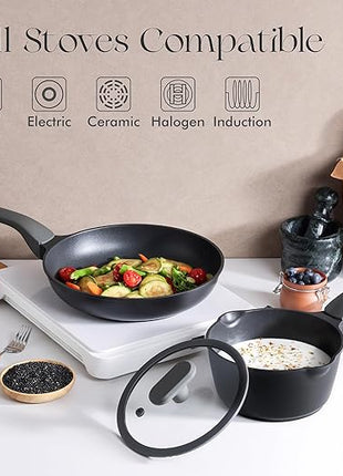 PRICUSIS Nonstick Frying Pan, 8/10/12 Inch Skillet with Stay Cool Handle, Fully Coated, Induction Compatible & Oven Safe, 100% Dishwasher Safe, PTFE & PFOA Free（8 Inch, Black Sesame）