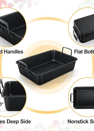 TeamFar Roasting Pan, 14” Nonstick Deep Lasagna Brownie Turkey Pan with V-Shaped Rack & Cooling Rack, with Stainless Steel Core & Nonstick Coating, Healthy & Heavy Duty, Easy to Clean, Set of 3