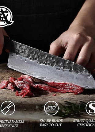 MITSUMOTO SAKARI Santoku Chef Knife 7 inch - Hand Forged Japanese Kitchen Knives, 3-Layer 9CR18MOV High Carbon Steel, Rosewood Handle & Sandalwood Box