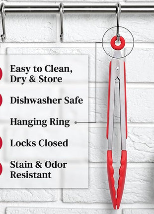 Popco 3-Piece Kitchen Tongs Set – Stainless Steel Heat Resistant Silicone Tips, Strong Comfort Grip, 3 Sizes (7, 9, 12 Inch), Non-Scratch, Dishwasher Safe, for Cooking, BBQ, Salad