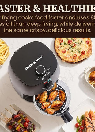 Elite Gourmet EAF2305 Glass Air Fryer, 2.4Qt Capacity, PFAS Free Ceramic Coated Ceralast™ Air Fry Rack, Adjustable Temperature 175°F to 400°F, 30-Minute Timer, 1150-Watts, 15 Recipes, Black