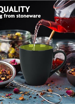 MIAMIO - Set of 6 Stoneware Coffee Mugs 12 Ounce/Cup Set - Le Papillon Collection (Black-Colourful)