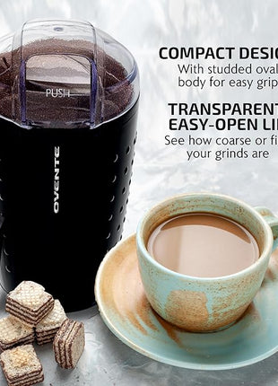 OVENTE Electric Coffee Grinder for Beans, Spices and More, 2.5Oz Compact Grinding Mill, Spice Grinder with Stainless Steel Blade, Pulse Button Operation and Transparent Easy to Open Lid, Black CG225B