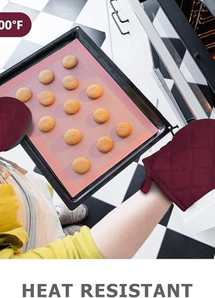 Qulable 1 Pair Short Oven Mitts - Silicone Kitchen Oven Gloves High Heat Resistant 500℉, Mini Oven Mits with Non-Slip Grip Surfaces and Hanging Loop for BBQ, Baking, Cooking and Grilling (Dark Red)