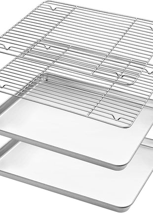 Stainless Steel Baking Sheets with Rack, HKJ Chef Cookie Sheets and Nonstick Cooling Rack & Baking Pans for Oven & Toaster Oven Tray Pans, Rectangle Size 12.5L x 10W x 1H inch & Non Toxic & Healthy