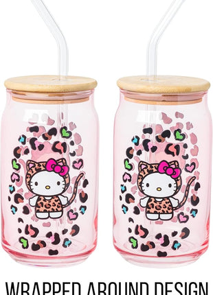 Silver Buffalo Sanrio Hello Kitty in Leopard Print Outfit and Leopard Cat Print Pattern Pink Glass Jar Tumbler with Bamboo Lid and Glass Straw, 16 Ounces