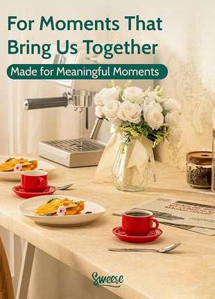 Sweese 2.5 Ounce Porcelain Stackable Espresso Cups with Saucers and Metal Stand Set of 4, Red