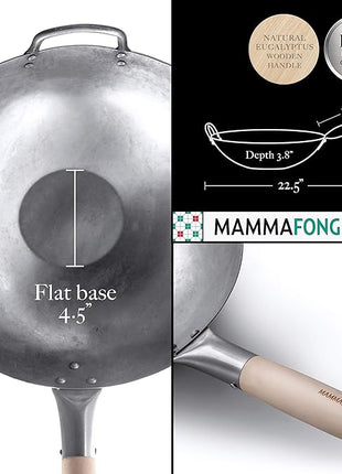Mammafong Flat Bottom Carbon Steel Wok Pan - Authentic Hand Hammered Woks and Stir Fry Pans - 14" Pow Wok