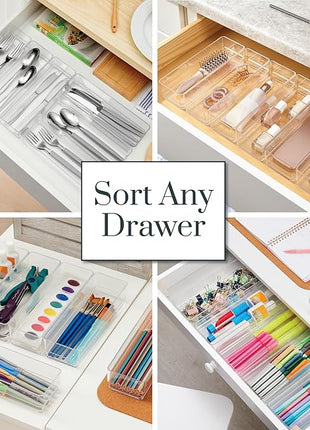 STORi SimpleSort 6-Piece Stackable Clear Drawer Organizer Set | 9" x 3" x 2" Rectangle Trays | Narrow Makeup Vanity Storage Bins and Office Desk Drawer Dividers | Made in USA
