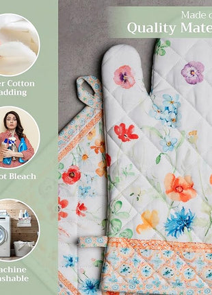 Maison d' Hermine 100% Cotton Oven Mitt & Pot Holder Set (7.5"x13" & 8"x8") Heat Resistant BBQ Cooking Gloves with Loop, Baking, Grilling, Kitchen, Handling Hot Pans Spring/Summer (Summer Whisper)
