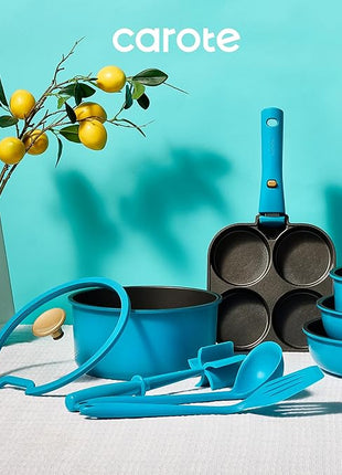 CAROTE 20pcs Pots and Pans Set, Nonstick Cookware Set Detachable Handle, Induction Kitchen Cookware Sets Non Stick with Removable Handle, RV Cookware Set, Peacock Blue