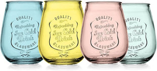 Glaver's Stemless Wine Glasses Set of 4 – 21oz Assorted Colored Wine Tumblers– Unique Embossed Logo, Vintage Cute Wine Glasses for, Beer, Juice, Cocktails, Fresh Drinks, Beverages, and more.