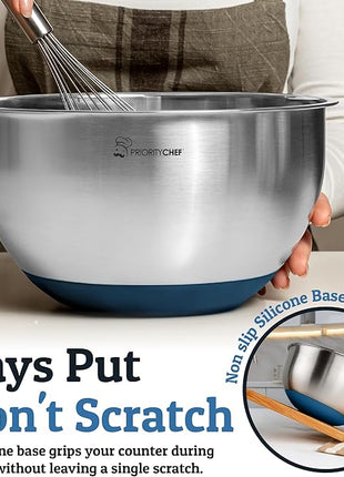 Priority Chef Stainless Steel Mixing Bowls with Lids Set, Metal Nesting Bowls with Airtight Lids, Graters, Non-Slip Base & Measurement Marks, Includes Utensil Set for Prep, Baking & Storage, Blue