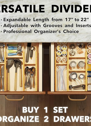 SpaceAid Bamboo Drawer Dividers with Inserts and Labels, Kitchen Adjustable Drawer Organizers, Expandable Organization for Home, Office, Dressers, 10 Dividers with 24 Inserts (17"-22" Natural)