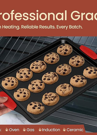 Baking Pan Set – 3 Piece Cookie Sheet – Deluxe Black Non-Stick Carbon Steel – Silicone Handles – Commercial Grade Restaurant Quality – PFOA PFOS and PTFE Free by Bakken