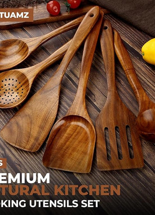 SPATUAMZ Wooden Cooking Spoons, Ladle and Spatula, Fine Polished Teak Wood Cooking Utensils Set of 6, Nonstick Wooden Kitchen Spoon & Spatula Set
