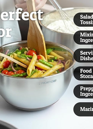 Priority Chef Stainless Steel Mixing Bowls with Lids Set, Metal Nesting Bowls with Airtight Lids, Graters, Non-Slip Base & Measurement Marks, Includes Utensil Set for Prep, Baking & Storage, Grey