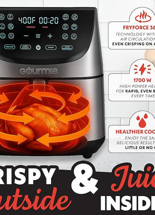 Gourmia Air Fryer - 8 Qt Extra Large Capacity, FryForce360º, Digital Display with 12 Presets, Roast, Bake, Broil, Dehydrate, Dishwasher Safe Accessories, Stainless Steel