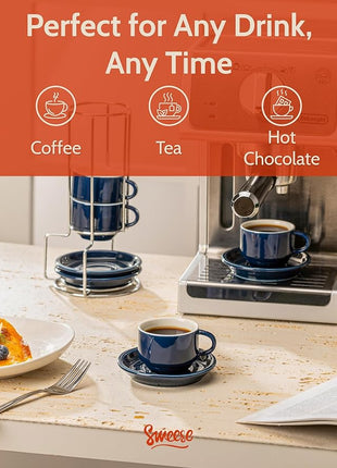 Sweese 2.5 Ounce Porcelain Stackable Espresso Cups with Saucers and Metal Stand Set of 4, Navy
