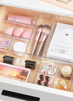 Vtopmart 25 PCS Clear Plastic Drawer Organizers Set, 4-Size Versatile Bathroom and Vanity Drawer Organizer Trays, Storage Bins for Makeup, Bedroom, Kitchen Gadgets Utensils and Office