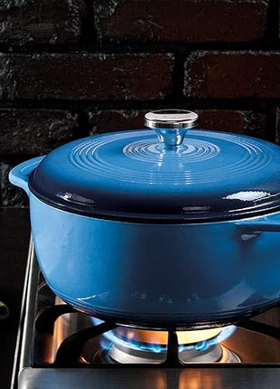 Lodge 6 Quart Enameled Cast Iron Dutch Oven with Lid – Dual Handles – Oven Safe up to 500° F or on Stovetop - Use to Marinate, Cook, Bake, Refrigerate and Serve – Blue