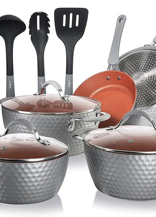 NutriChef 11 Pc Nonstick Cookware - PTFE/PFOA/PFOS Free Kitchenware Pots & Pans Set with Saucepan, Frying Pans, Cooking Pots, Lids, Utensils, Gray