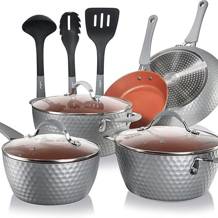 NutriChef 11 Pc Nonstick Cookware - PTFE/PFOA/PFOS Free Kitchenware Pots & Pans Set with Saucepan, Frying Pans, Cooking Pots, Lids, Utensils, Gray