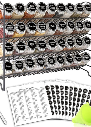 SWOMMOLY Spice Rack Organizer with 36 Empty Square Spice Jars, 396 Spice Labels with Chalk Marker and Funnel Complete Set, for Countertop, Cabinet or Wall Mount, Black