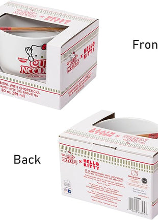 Silver Buffalo Sanrio Hello Kitty Cup Noodles Nissin Ceramic Ramen Noodle Rice Bowl with Chopsticks, Microwave Safe, 20 Ounces