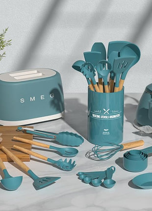 Umite Chef Kitchen Cooking Utensils Set, 33 pcs Non-stick Silicone Utensils Spatula Set with Holder, Silicone Kitchen Gadgets Utensil Set(Dark Blue)